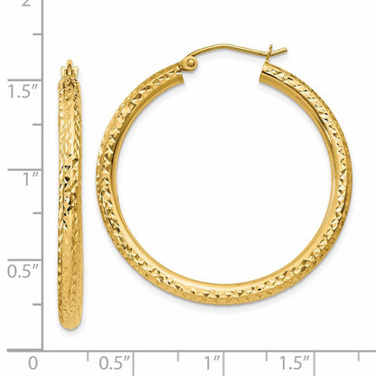 14K Yellow Gold Diamond-Cut 3mm Round Hoop Earrings