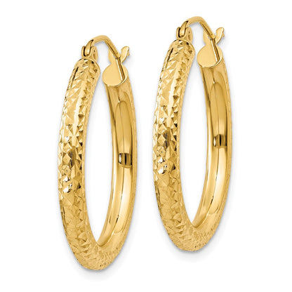 14K Yellow Gold Diamond-Cut 3mm Round Hoop Earrings