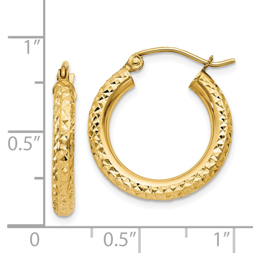 14K Yellow Gold Diamond-Cut 3mm Round Hoop Earrings
