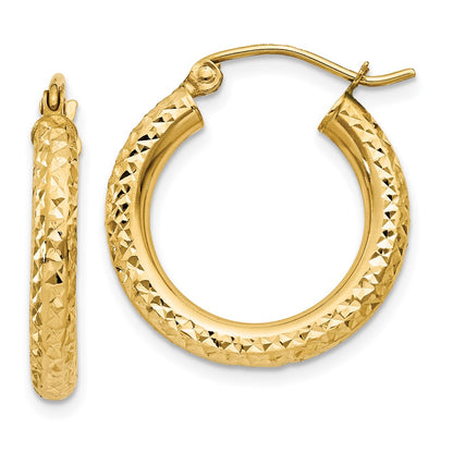 14K Yellow Gold Diamond-Cut 3mm Round Hoop Earrings