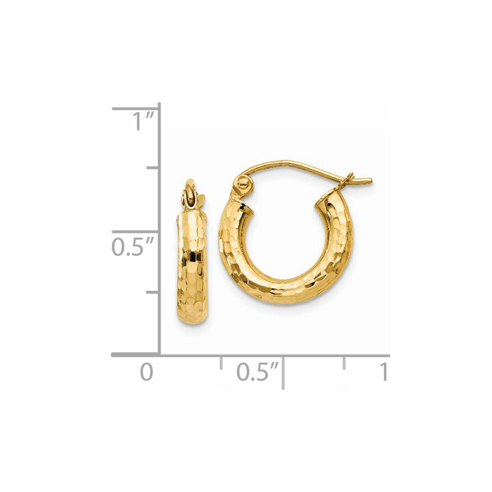 14K Yellow Gold Diamond-Cut 3mm Round Hoop Earrings