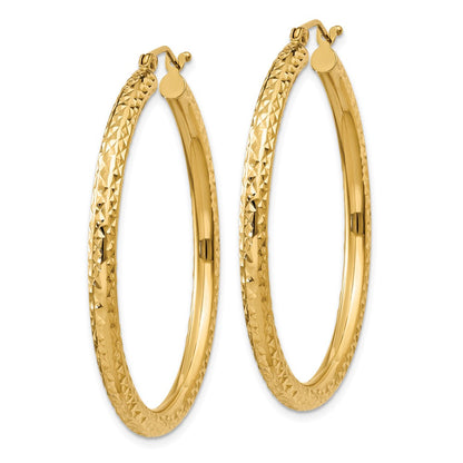 14K Yellow Gold Diamond-Cut 3mm Round Hoop Earrings