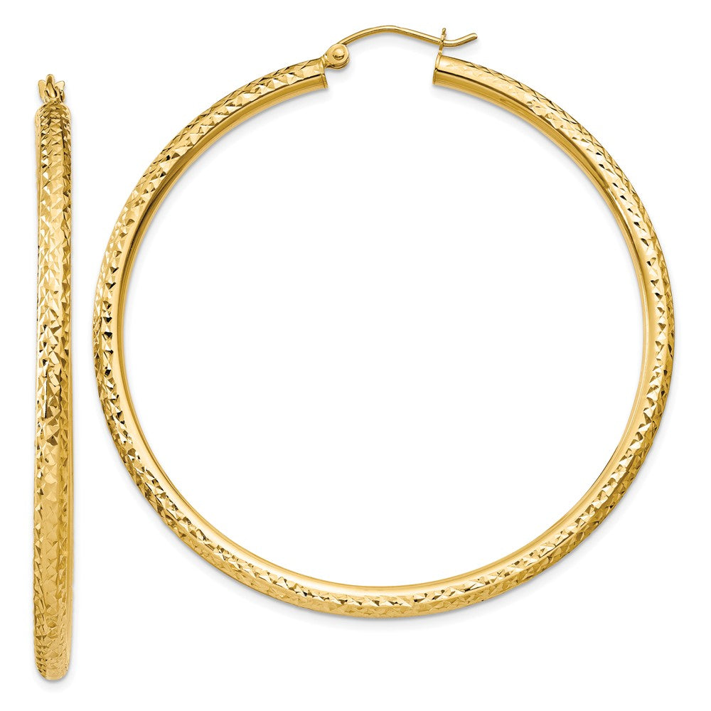 14K Yellow Gold Diamond-Cut 3mm Round Hoop Earrings