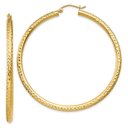 14K Yellow Gold Diamond-Cut 3mm Round Hoop Earrings