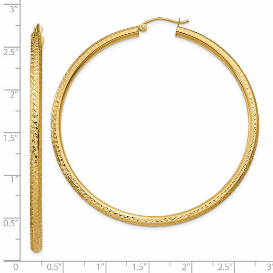 14K Yellow Gold Diamond-Cut 3mm Round Hoop Earrings