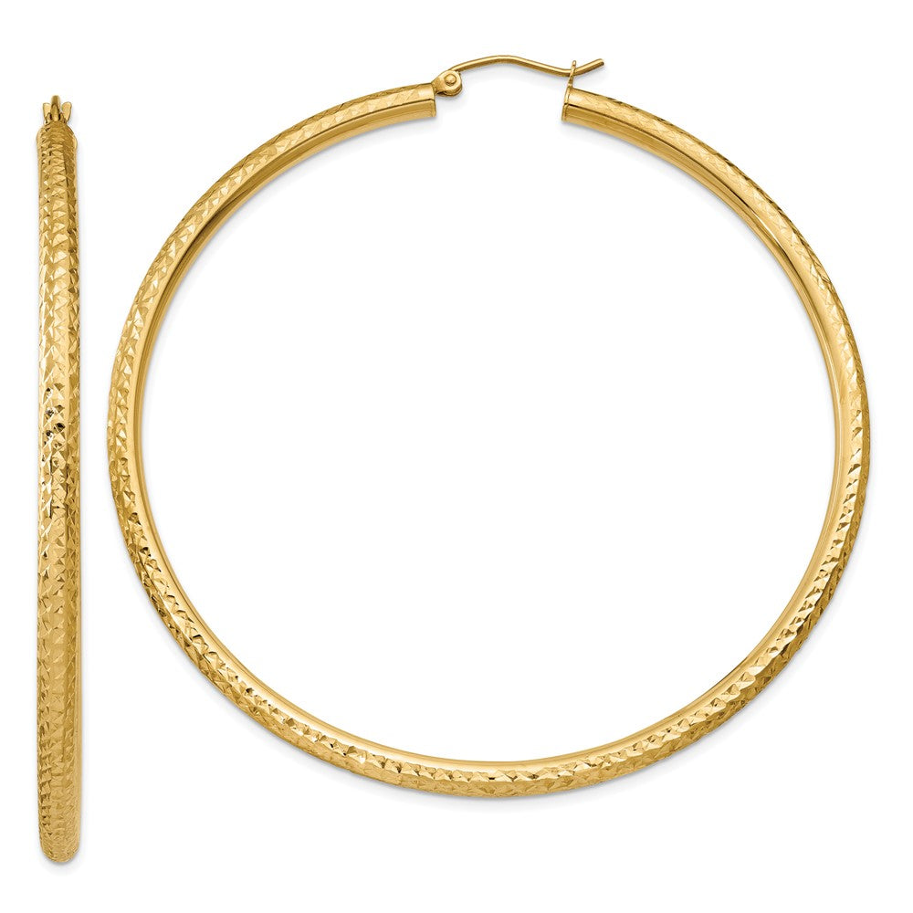 14K Yellow Gold Diamond-Cut 3mm Round Hoop Earrings