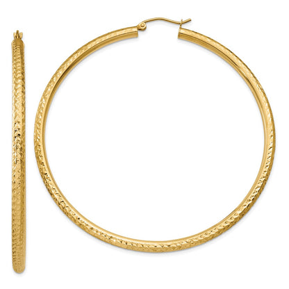 14K Yellow Gold Diamond-Cut 3mm Round Hoop Earrings