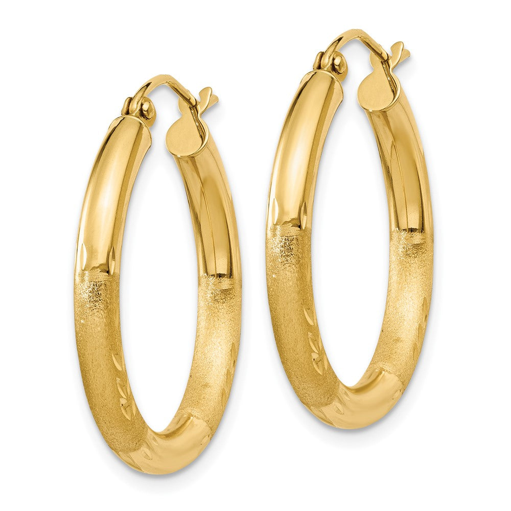14K Yellow Gold Satin And Diamond-Cut 3mm Round Hoop Earrings