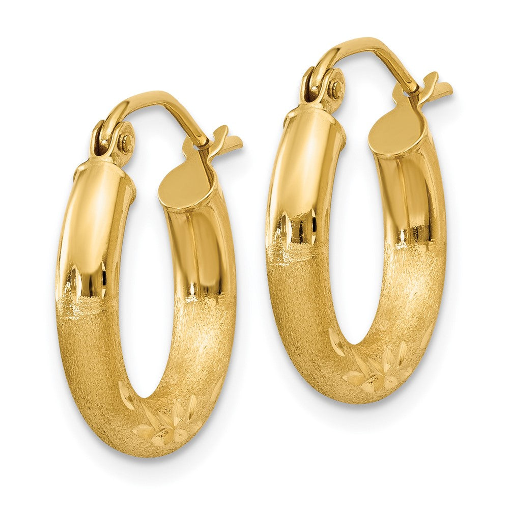 14K Yellow Gold Satin And Diamond-Cut 3mm Round Hoop Earrings