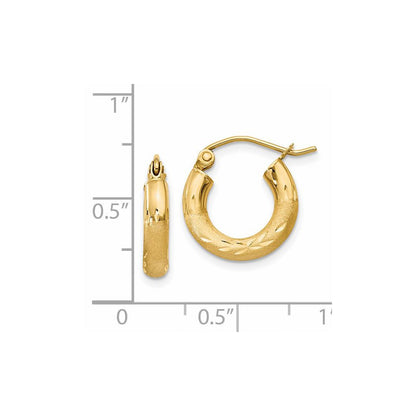 14K Yellow Gold Satin And Diamond-Cut 3mm Round Hoop Earrings