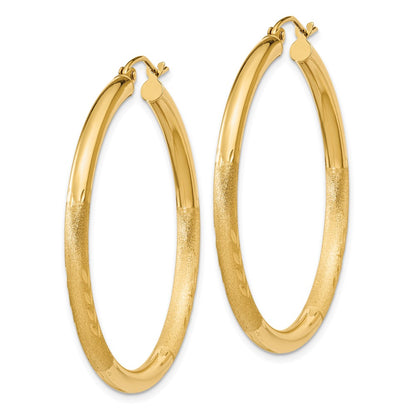 14K Yellow Gold Satin And Diamond-Cut 3mm Round Hoop Earrings