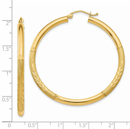 14K Yellow Gold Satin And Diamond-Cut 3mm Round Hoop Earrings