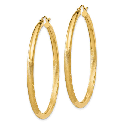 14K Yellow Gold Satin And Diamond-Cut 3mm Round Hoop Earrings