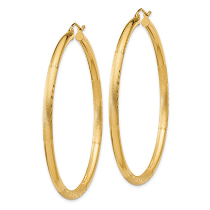 14K Yellow Gold Satin And Diamond-Cut 3mm Round Hoop Earrings