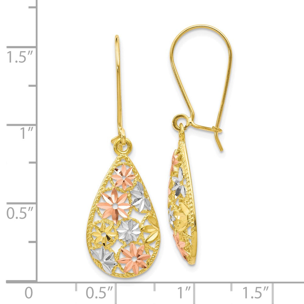10K Yellow W/Rhodium W/White And Rose Rhodium D/C Dangle Earrings