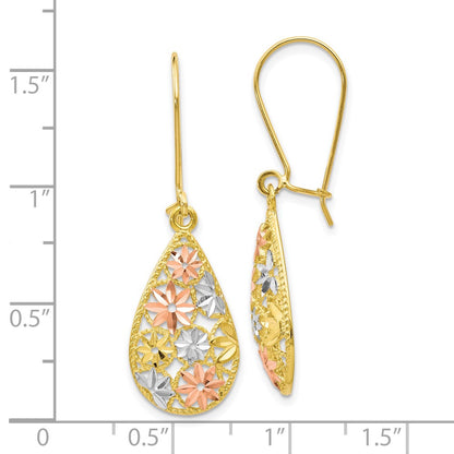 10K Yellow W/Rhodium W/White And Rose Rhodium D/C Dangle Earrings
