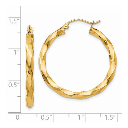 14K Yellow Gold Polished 3mm Twisted Hoop Earrings