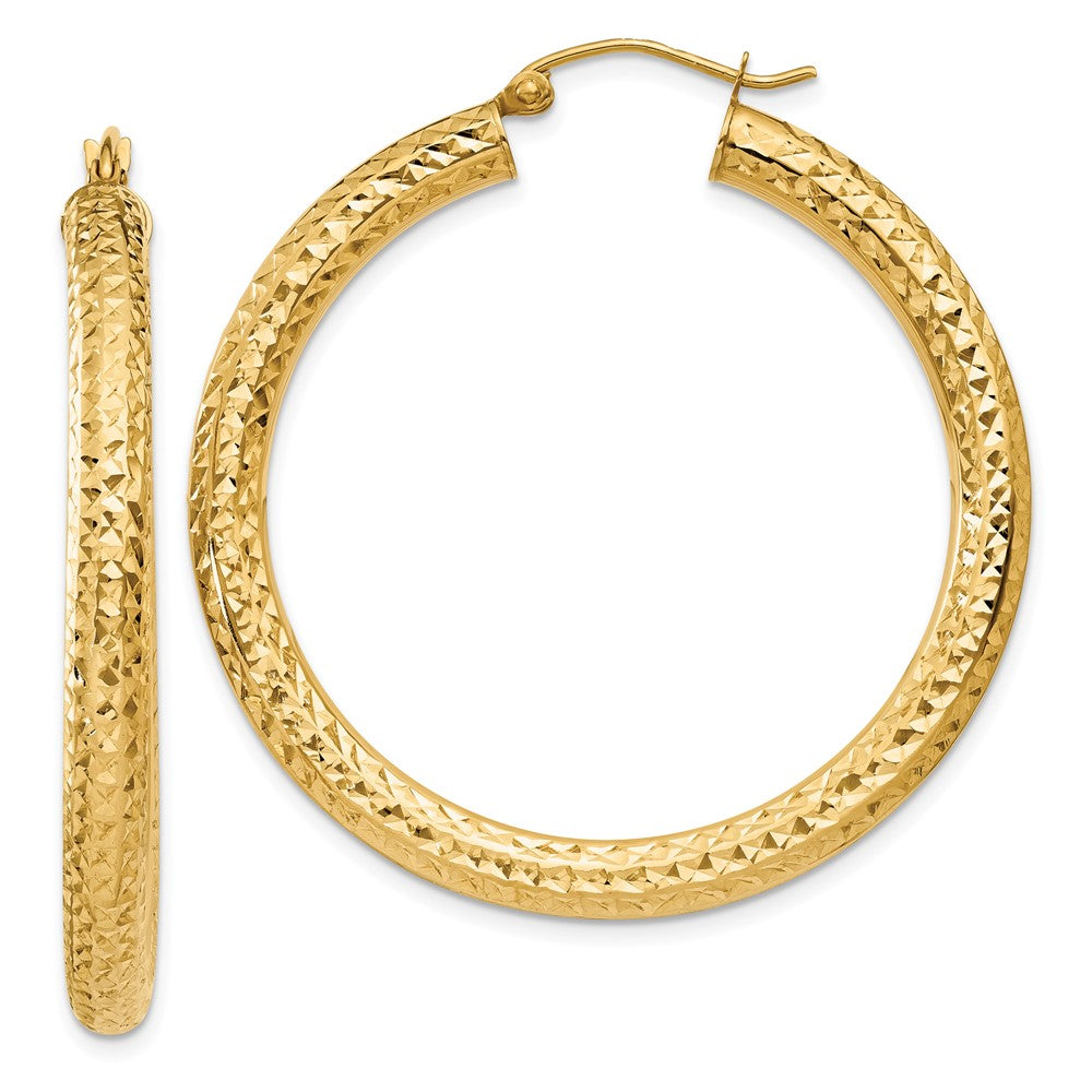 14K Yellow Gold Diamond-Cut 4mm Round Hoop Earrings