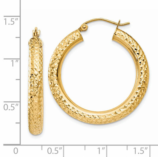 14K Yellow Gold Diamond-Cut 4mm Round Hoop Earrings