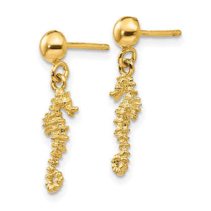 14K Yellow Gold 3-D Mini Seahorse Dangle Post Earrings