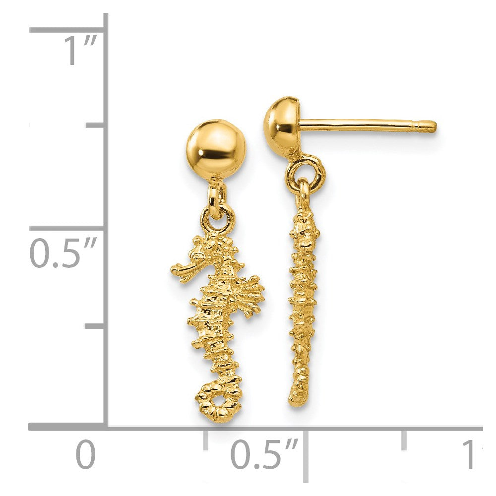 14K Yellow Gold 3-D Mini Seahorse Dangle Post Earrings