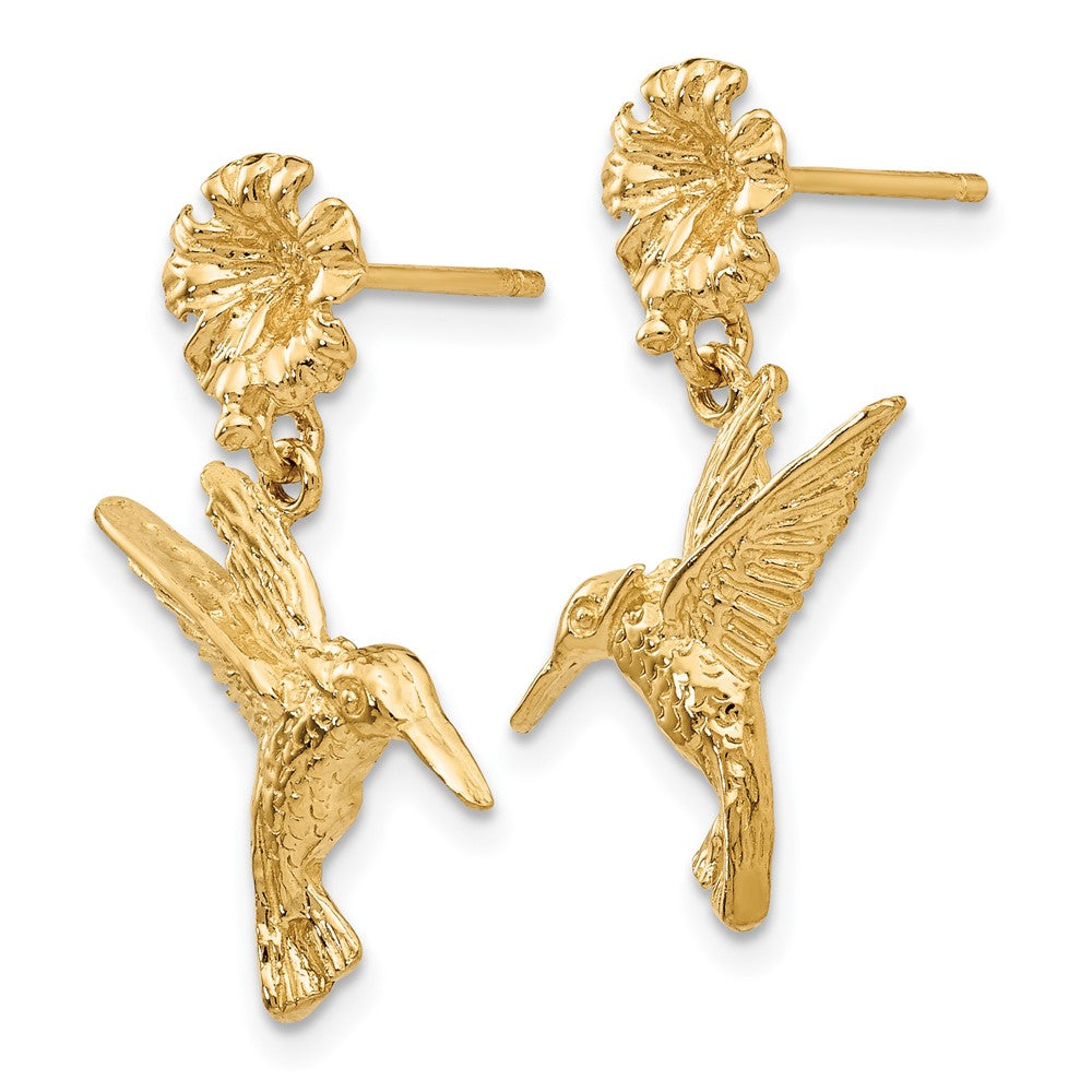 14K Yellow Gold Hummingbird Dangles From Flower Post Earrings