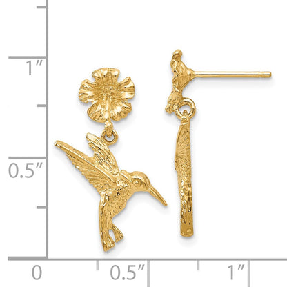 14K Yellow Gold Hummingbird Dangles From Flower Post Earrings