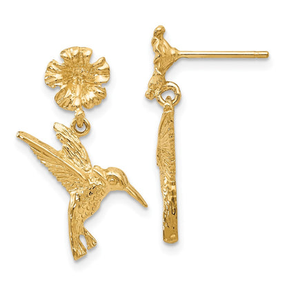 14K Yellow Gold Hummingbird Dangles From Flower Post Earrings