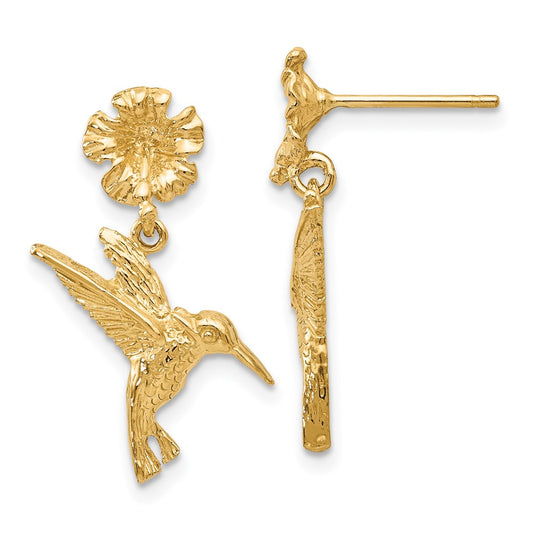14K Yellow Gold Hummingbird Dangles From Flower Post Earrings