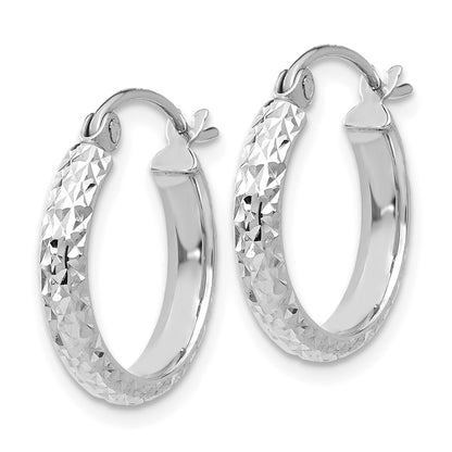 14K White Gold Diamond-Cut 2.8X15mm Hollow Hoop Earrings
