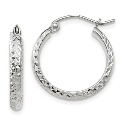 14K White Gold Diamond-Cut 2.8X18mm Hollow Hoop Earrings