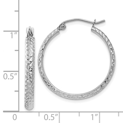 14K White Gold Diamond-Cut 2.8X25mm Hollow Hoop Earrings
