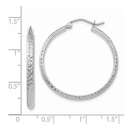 14K White Gold Diamond-Cut 2.8X30mm Hollow Hoop Earrings