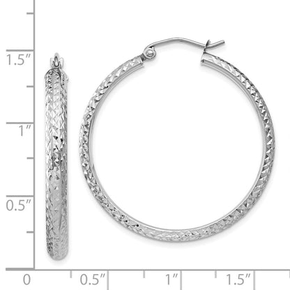 14K White Gold Diamond-Cut 3.5X34mm Hollow Hoop Earrings