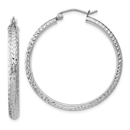 14K White Gold Diamond-Cut 3.5X34mm Hollow Hoop Earrings