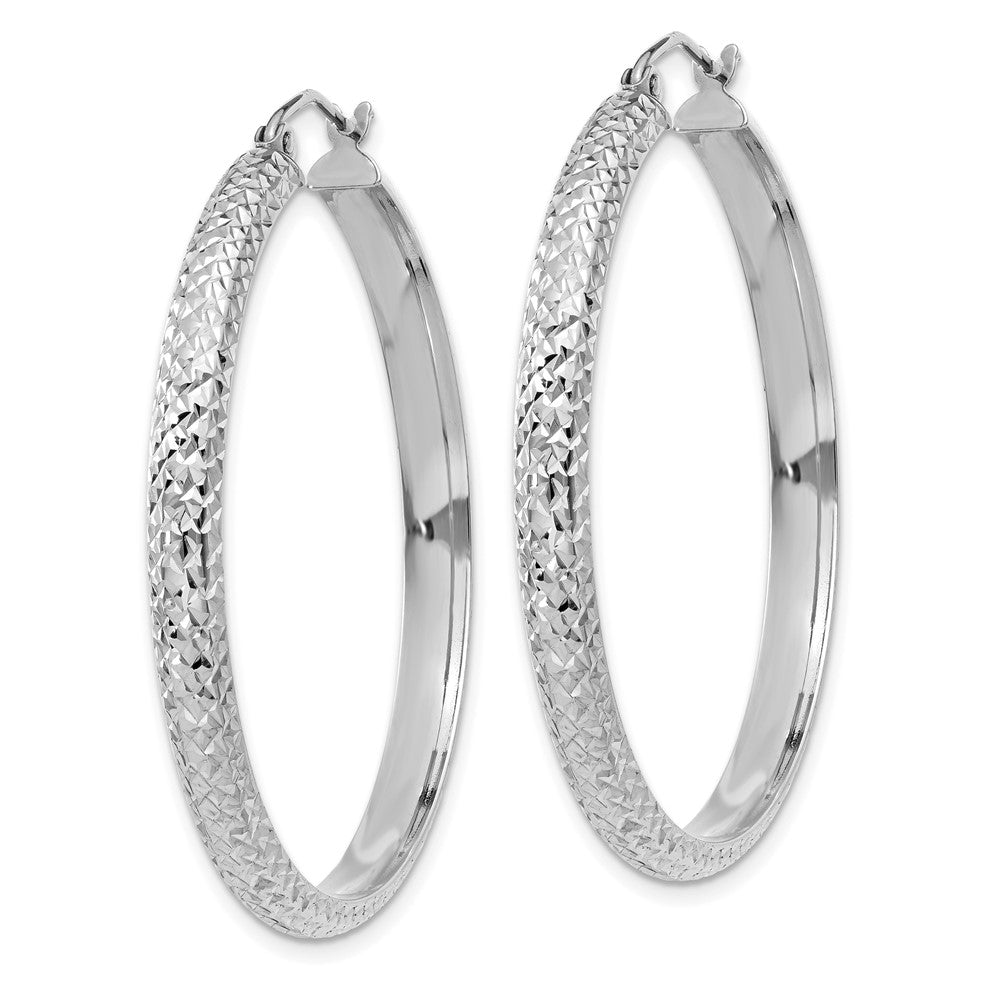 14K White Gold Diamond-Cut 3.5X38mm Hollow Hoop Earrings
