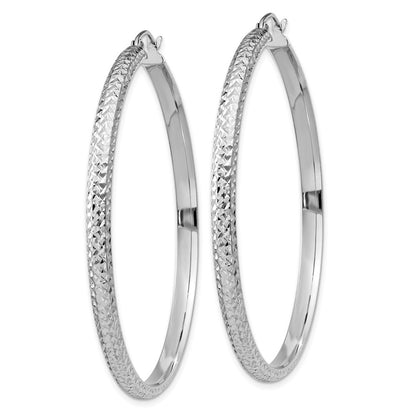 14K White Gold Diamond-Cut 3.5X52mm Hollow Hoop Earrings