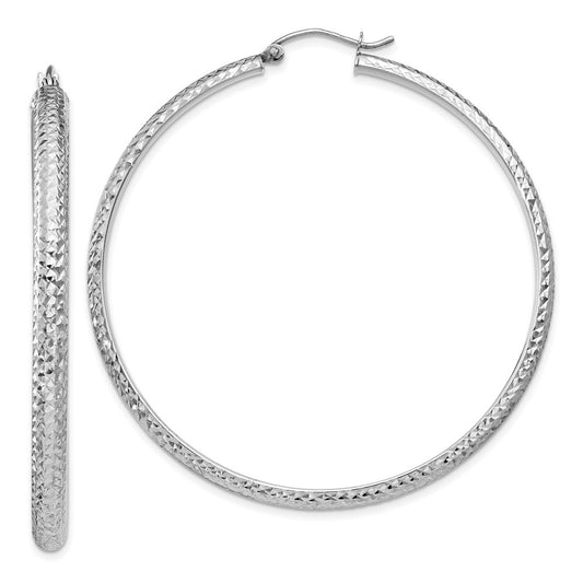 14K White Gold Diamond-Cut 3.5X52mm Hollow Hoop Earrings