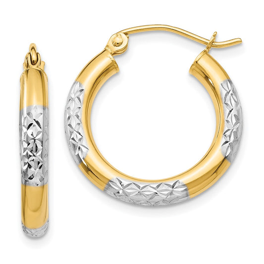 14K Yellow & Rhodium Diamond-Cut 3X20mm Hoop Earrings
