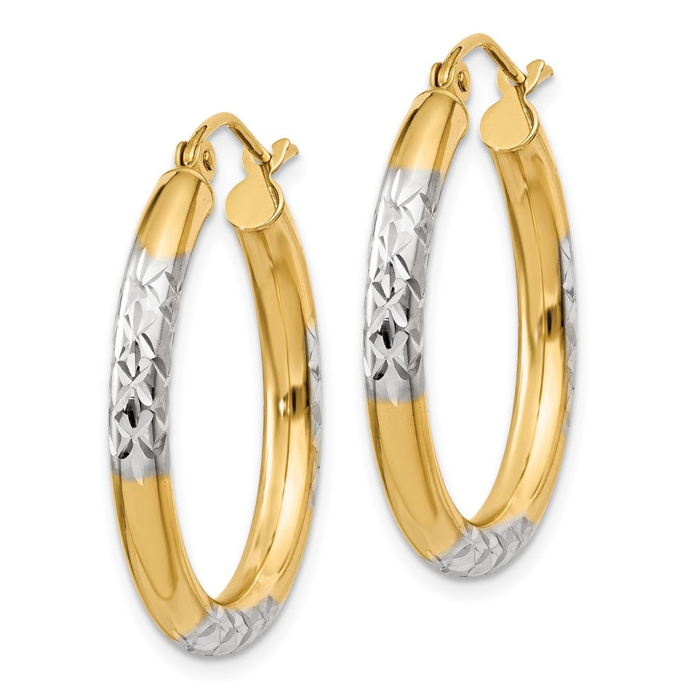 14K Yellow & Rhodium And Diamond-Cut 3X25mm Hoop Earrings