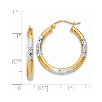14K Yellow & Rhodium And Diamond-Cut 3X25mm Hoop Earrings