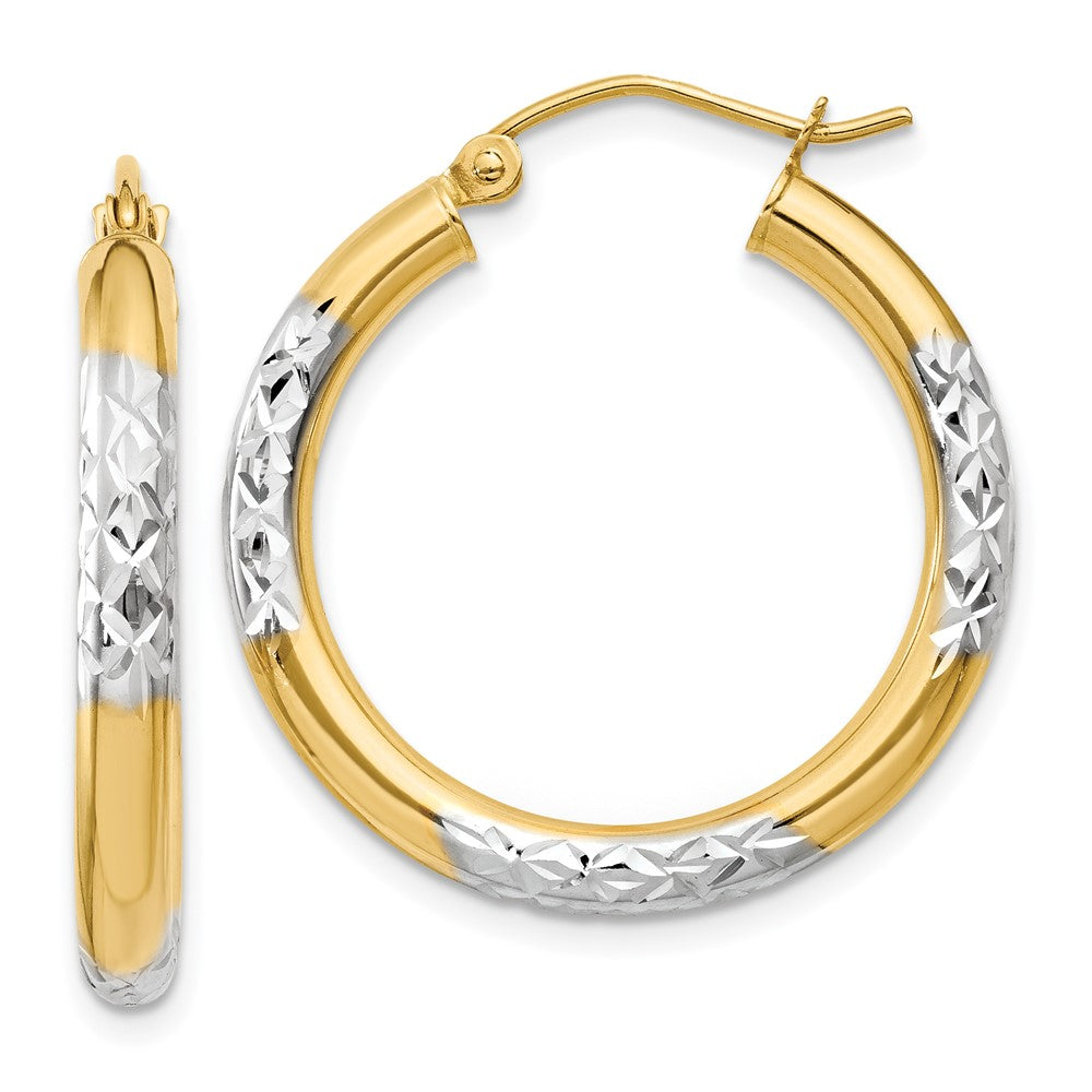 14K Yellow & Rhodium And Diamond-Cut 3X25mm Hoop Earrings