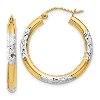 14K Yellow & Rhodium And Diamond-Cut 3X25mm Hoop Earrings