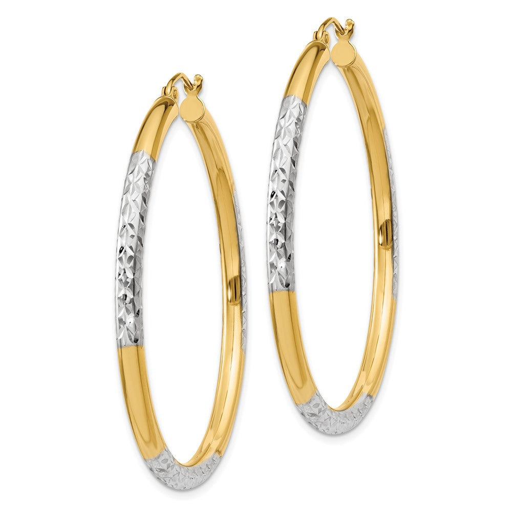14K Yellow & Rhodium And Diamond-Cut 3X45mm Hoop Earrings