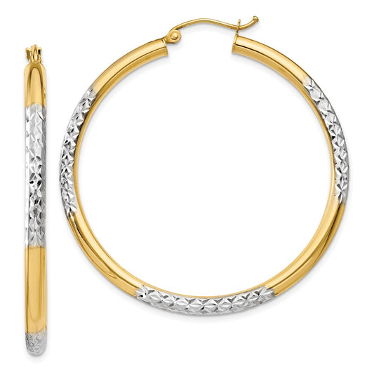 14K Yellow & Rhodium And Diamond-Cut 3X45mm Hoop Earrings