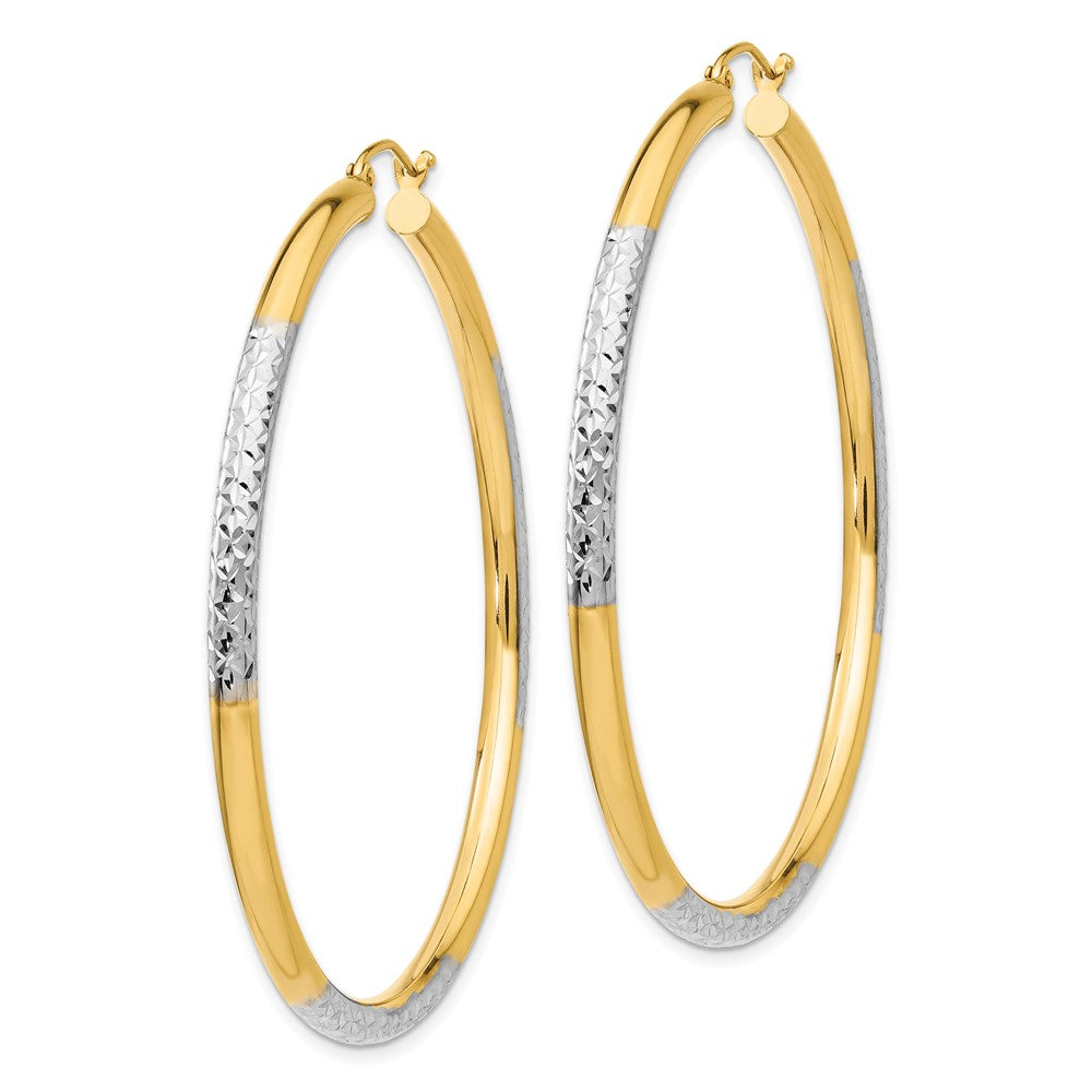 14K Yellow & Rhodium And Diamond-Cut 3X55mm Hoop Earrings