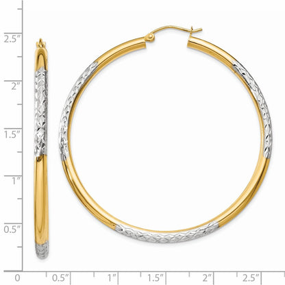 14K Yellow & Rhodium And Diamond-Cut 3X55mm Hoop Earrings