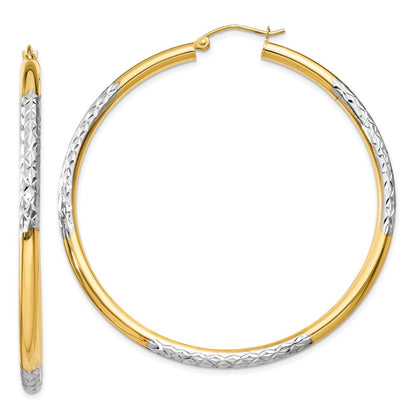 14K Yellow & Rhodium And Diamond-Cut 3X55mm Hoop Earrings