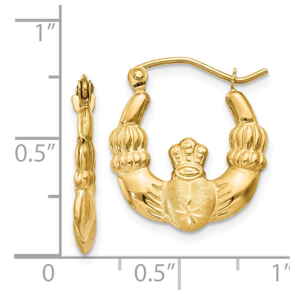 14K Yellow Gold Polished And Satin Claddagh Hoop Earrings