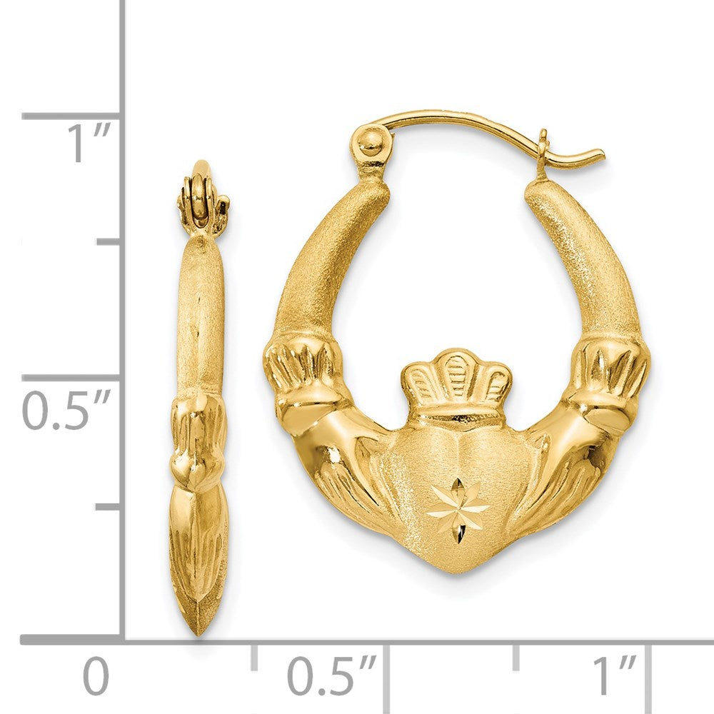 14K Yellow Gold Polished And Satin Claddagh Hoop Earrings